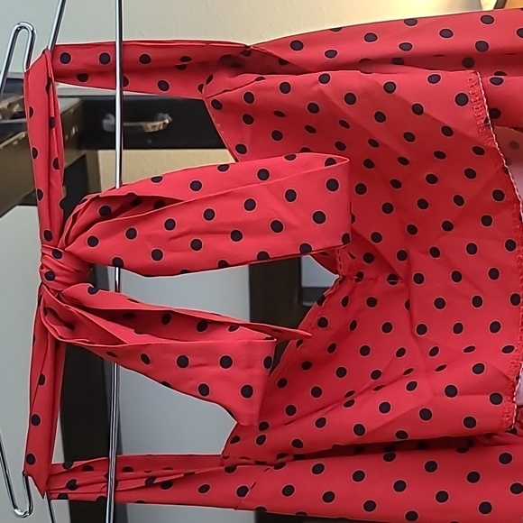 Red and Black Polka Dot Halter Midi  Sweetheart Pinup Dress with smocking - Picture 11 of 12